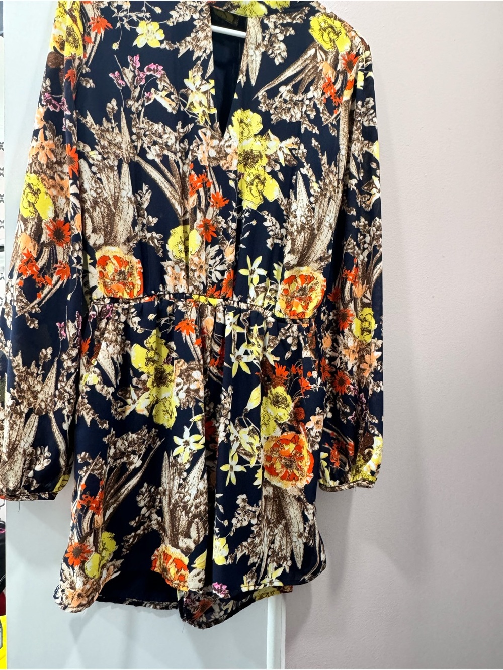 Floral Navy Long‑Sleeve Romper shorts with Yellow & Orange Blooms